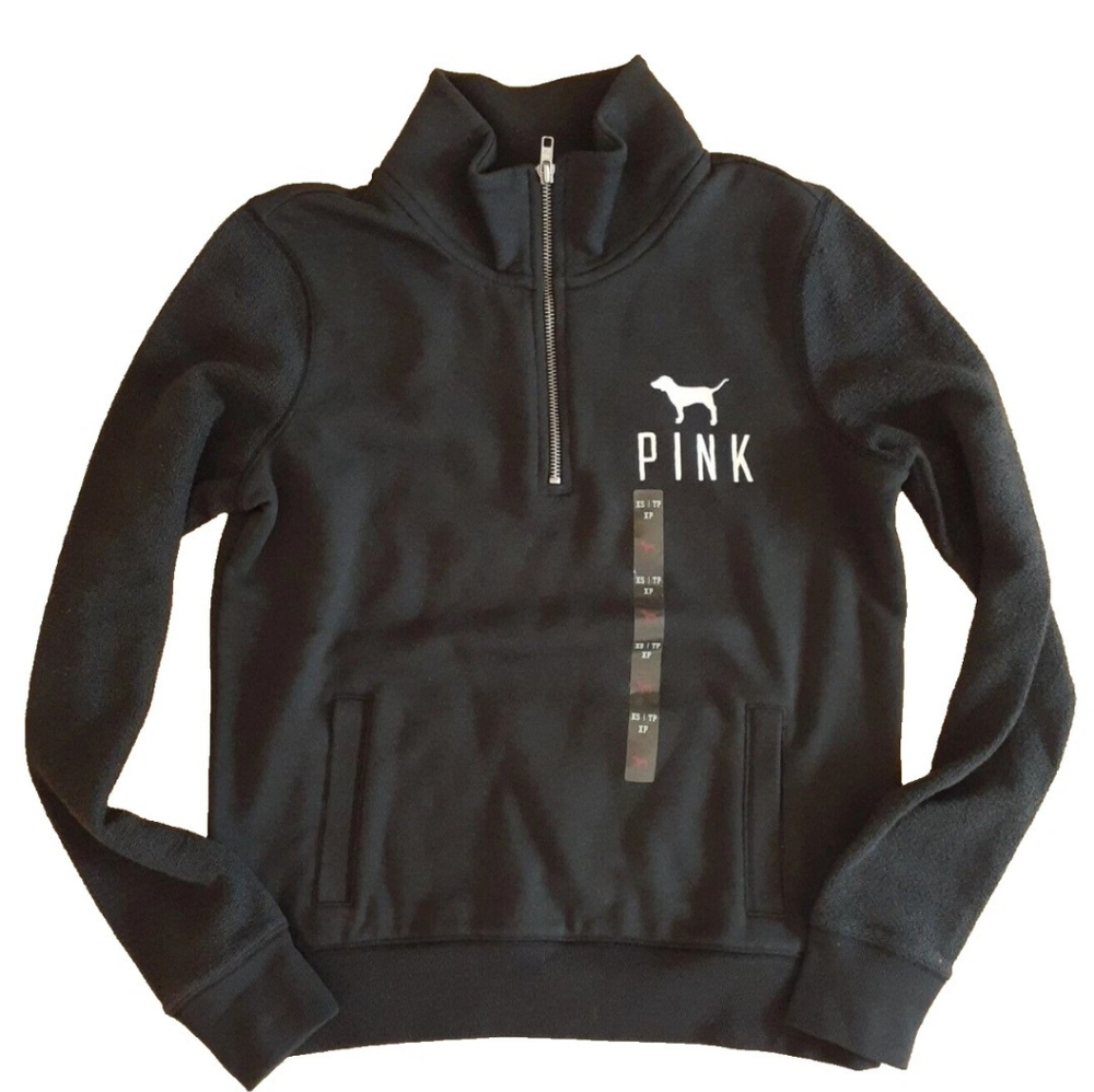 Victoria's Secret PINK Extra Small (XS) Half Zip Sweatshirt Sweater Black Dog